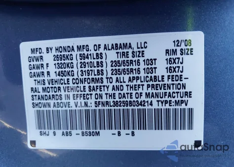 2009 Honda Odyssey Lx from USA, damaged, VIN 5FNRL38259B034214